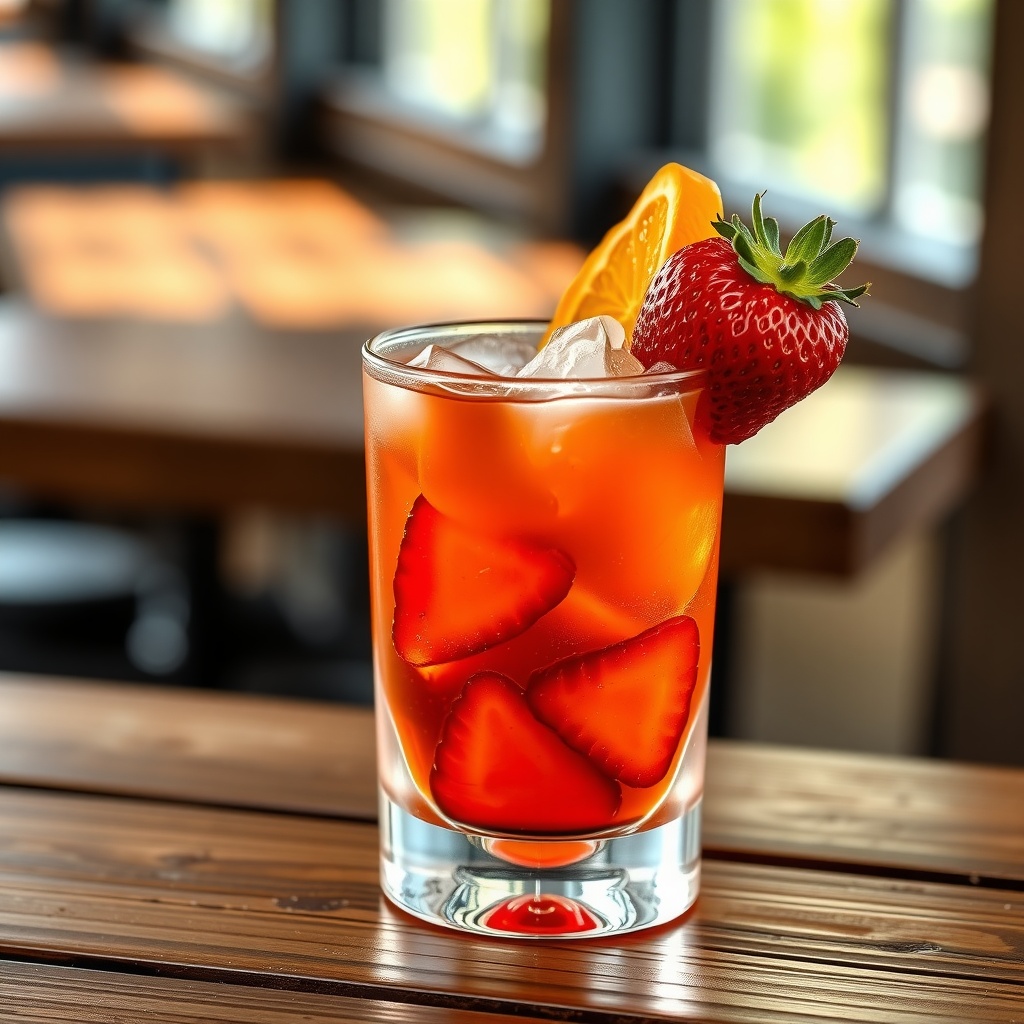 A Strawberry Old Fashioned cocktail with strawberries and orange twist in a glass on a wooden table.